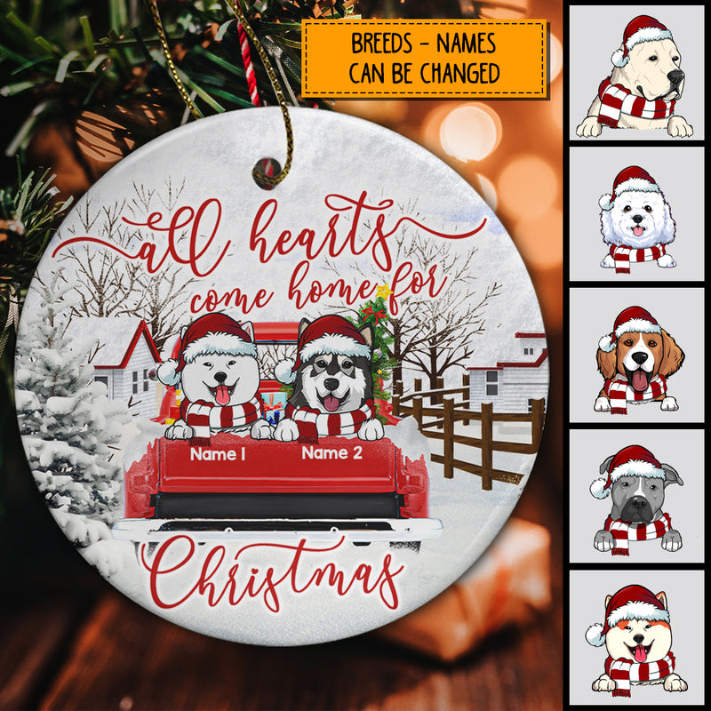 All Hearts Come Home For Xmas Snowy Circle Ceramic Ornament - Personalized Dog Lovers Decorative Christmas Ornament