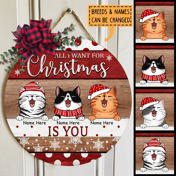 Christmas Door Decorations, Gifts For Cat Lovers, All I Want For Christmas Is You Light Brown & Red Welcome Door Signs , Cat Mom Gifts