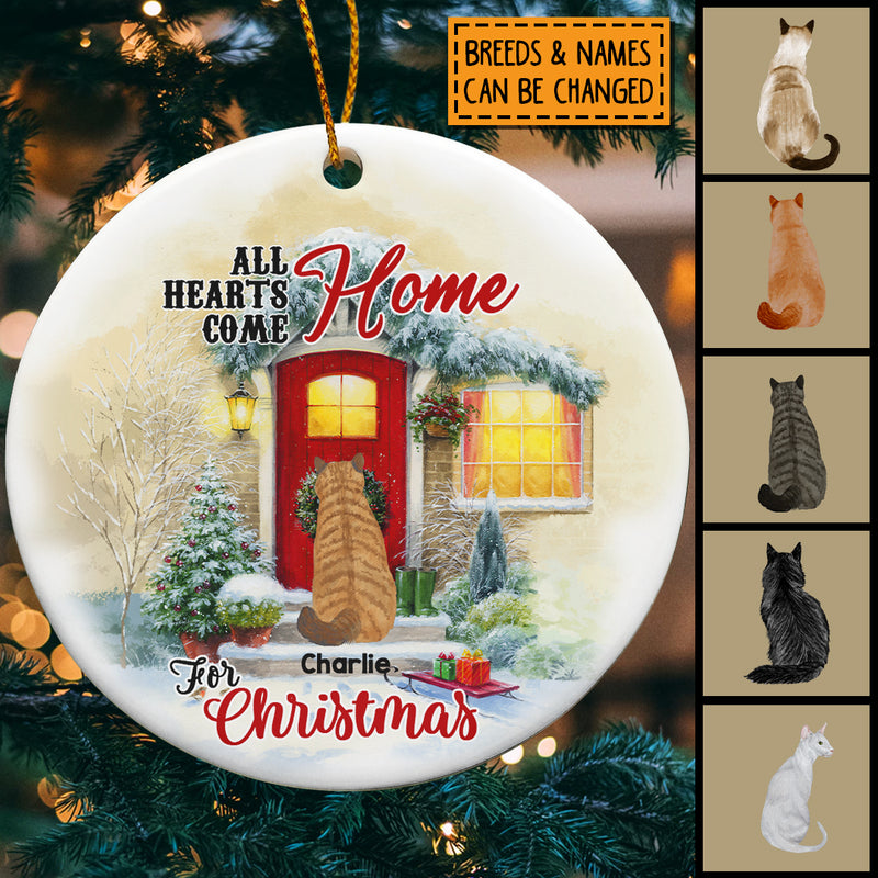 All Hearts Come Home For Xmas Cat Back Circle Ceramic Ornament - Personalized Cat Lovers Decorative Christmas Ornament