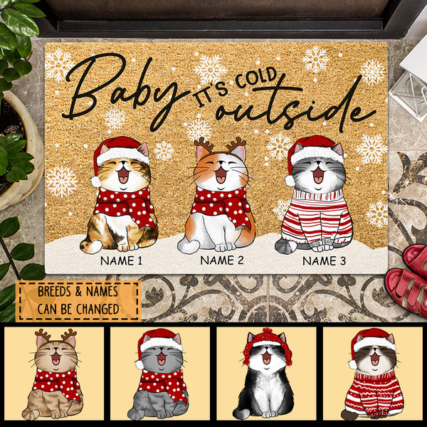 Christmas Personalized Doormat, Gifts For Cat Lovers, Baby It's Cold Outside Cats In Snow Holiday Doormat