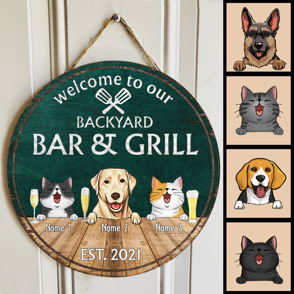 Pawzity Backyard Bar & Grill Welcome Door Signs, Gifts For Pet Lovers, Couple Of Spatula Custom Wooden Signs