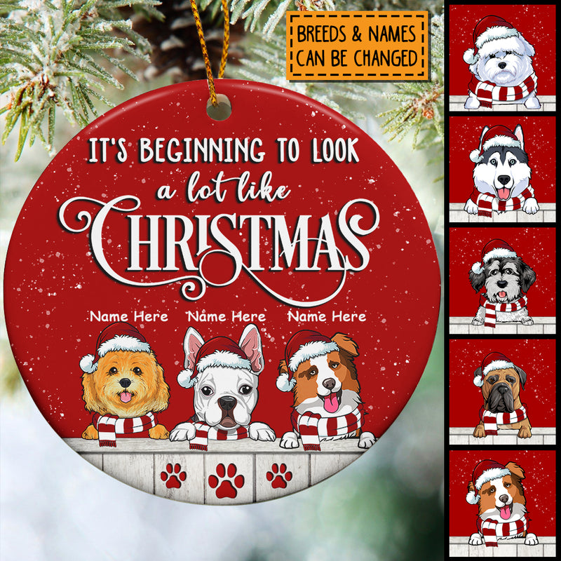 Beginning To Look A Lot Like Xmas Red Circle Ceramic Ornament - Personalized Dog Lovers Decorative Christmas Ornament