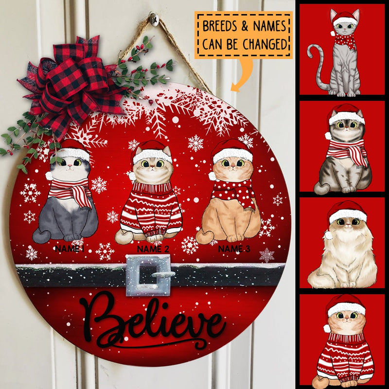 Christmas Door Decorations, Gifts For Cat Lovers, Believe Red Background With Snow Welcome Door Signs , Cat Mom Gifts