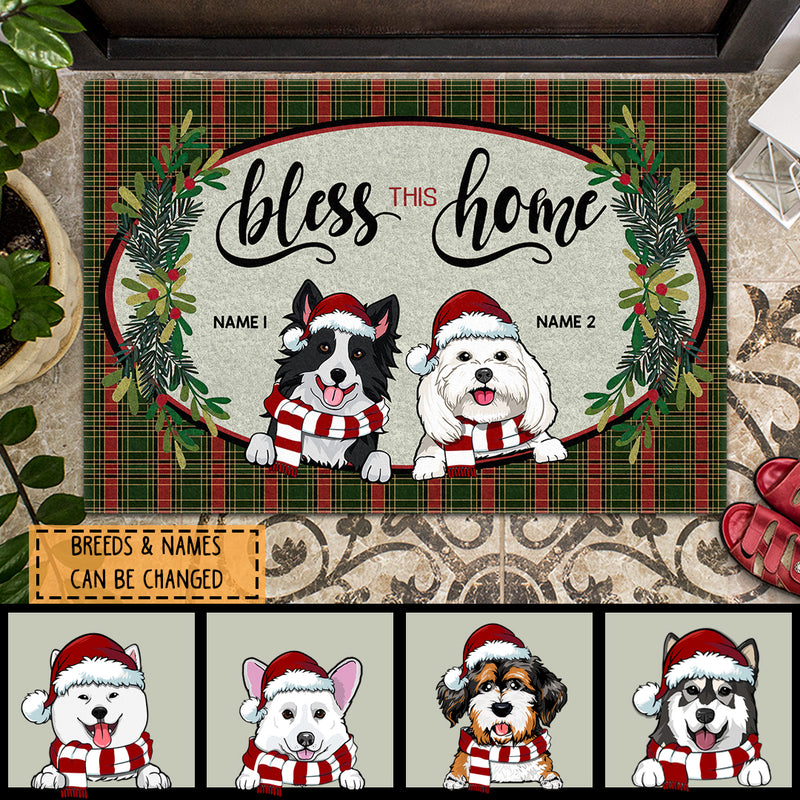 Christmas Personalized Doormat, Gifts For Dog Lovers, Bless This Home Green Red Plaid Holiday Doormat
