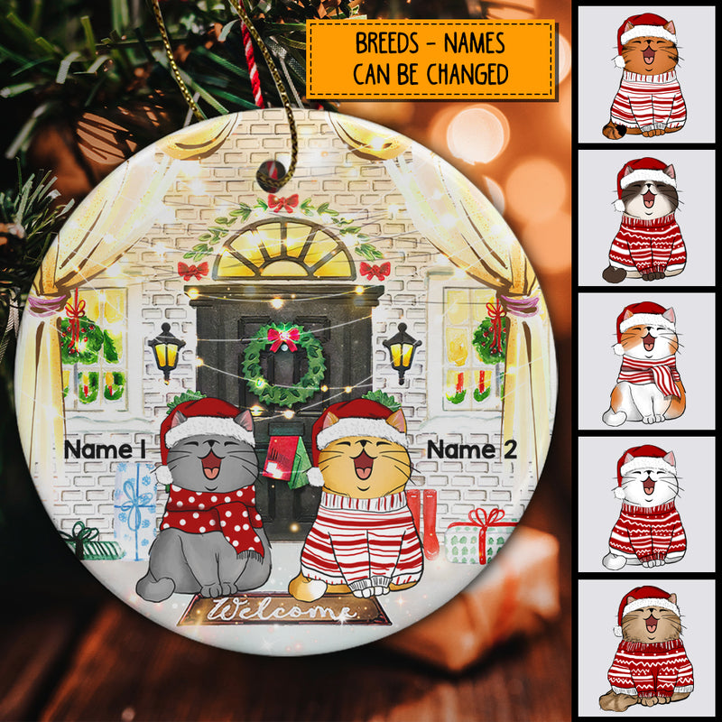 Brick Wall String Xmas Warm Lights Circle Ceramic Ornament - Personalized Cat Lovers Decorative Christmas Ornament