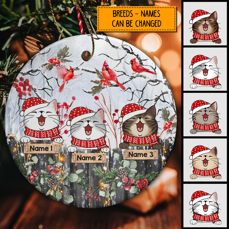 Personalised Winter Cardinals & Berries Circle Ceramic Ornament - Personalized Cat Lovers Decorative Christmas Ornament