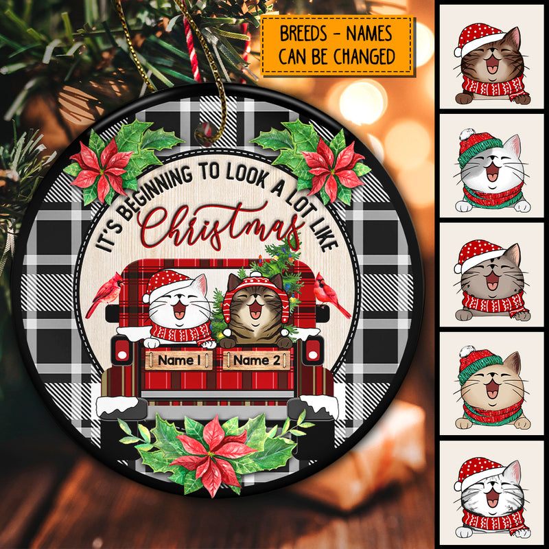 Beginning To Look A Lot Like Xmas Red Plaid Truck Circle Ceramic Ornament - Personalized Cat Lovers Christmas Ornament