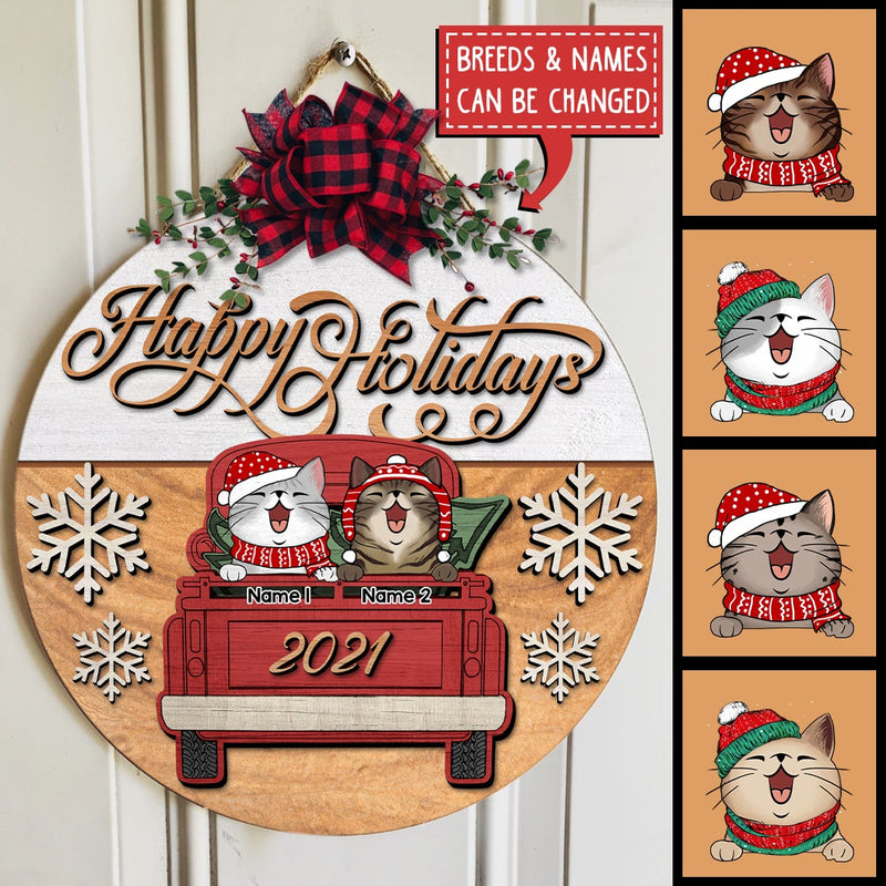 Christmas Door Decorations, Gifts For Cat Lovers, Happy Holiday Cat On Red Truck Welcome Door Sign , Cat Mom Gifts