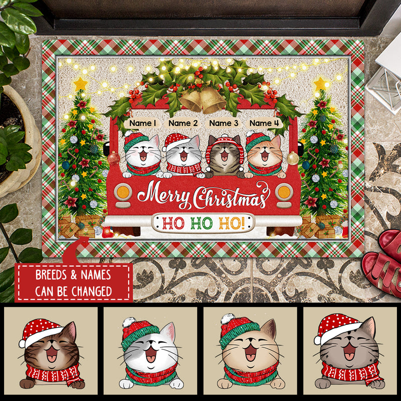 Christmas Personalized Doormat, Gifts For Cat Lovers, Merry Christmas Ho Ho Ho Red Green Plaid Holiday Doormat