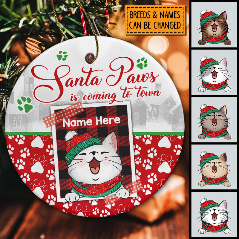 Personalised Santa Paws's Coming To Town Circle Ceramic Ornament - Personalized Cat Lovers Decorative Christmas Ornament