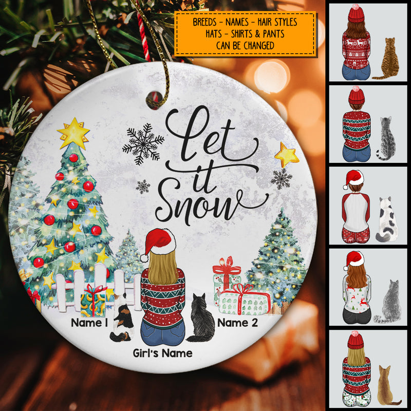 Let It Snow Girl & Cats Circle Ceramic Ornament - Personalized Cat Lovers Decorative Christmas Ornament