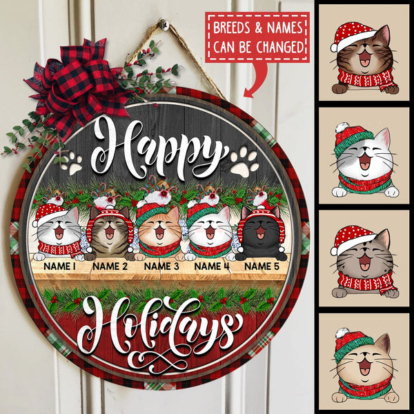 Christmas Door Decorations, Gifts For Cat Lovers, Happy Holiday Grey And Red Welcome Door Signs , Cat Mom Gifts