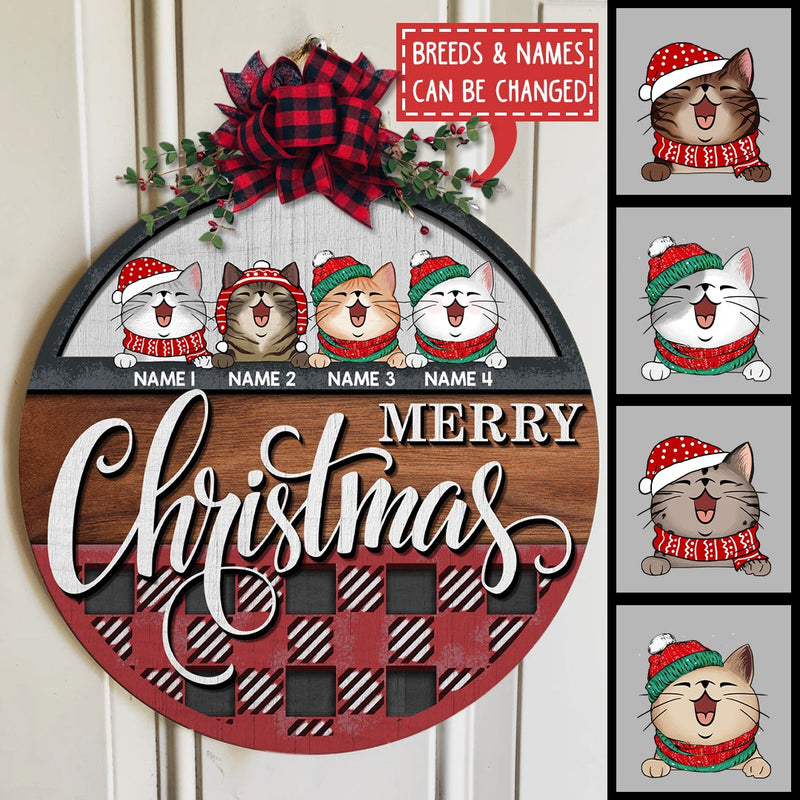 Christmas Door Decorations, Gifts For Cat Lovers, Merry Christmas Red Plaid Welcome Door Signs , Cat Mom Gifts