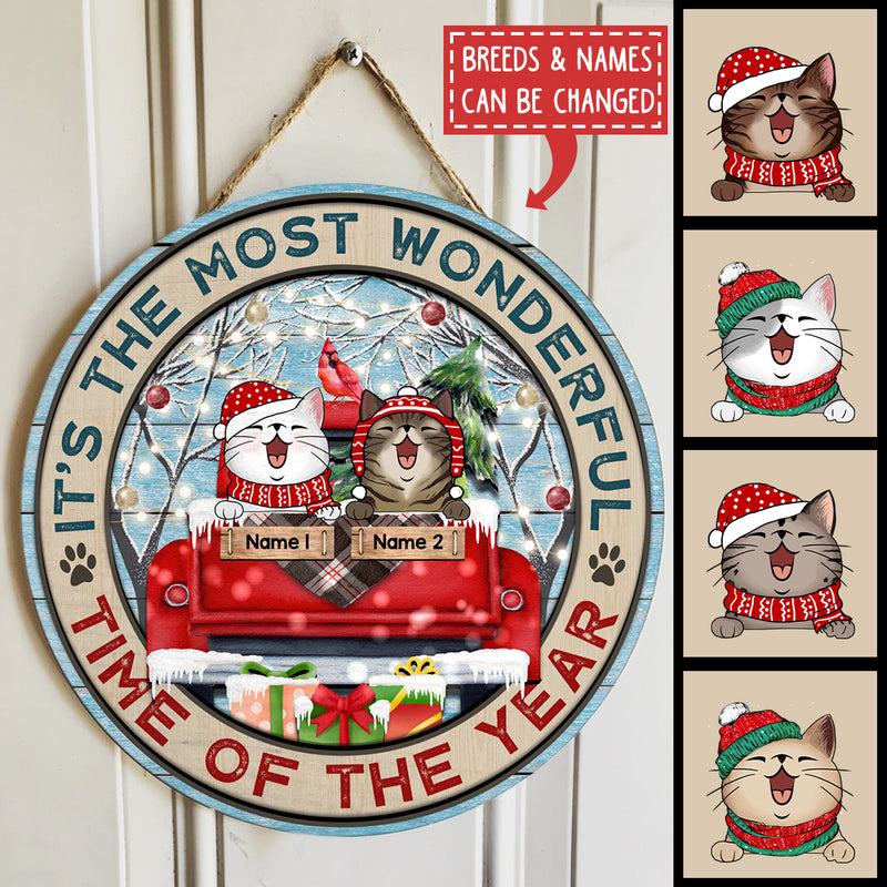 It's Most Wonderful Time Of The Year Red Truck Circle Ceramic Ornament - Personalized Cat Decorative Christmas Ornament