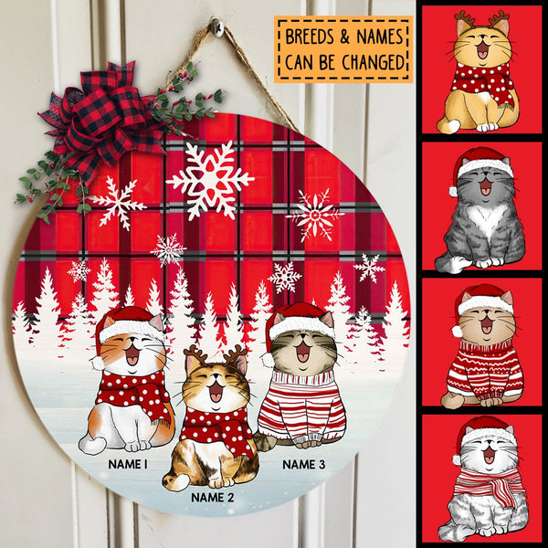 Christmas Door Decorations, Gifts For Cat Lovers, Cat In Snow Red Plaid White Snowflake Welcome Door Signs , Cat Mom Gifts