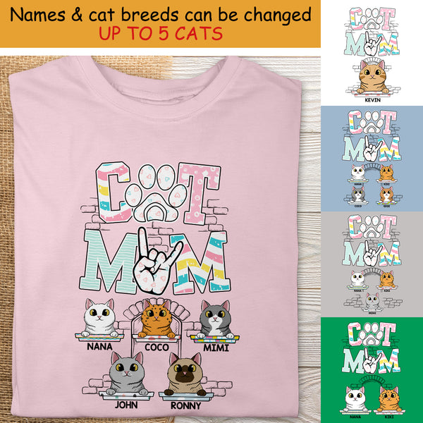 Cat Mom - Pastel Color Cute Peeking Cats - Personalized Cat T-shirt