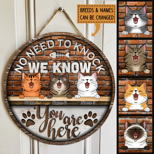 ﻿Pawzity No Need To Knock We Know You Are Here Signs, Gifts For Cat Lovers, Brick Wall Custom Wooden Signs , Cat Mom Gifts