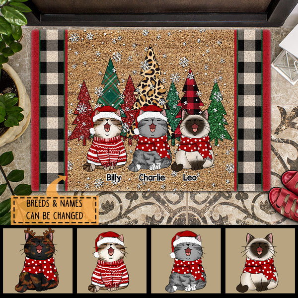 Christmas Personalized Doormat, Gifts For Cat Lovers, Cat With Pine Trees Plaid On Either Side Outdoor Door Mat