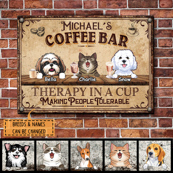 Welcome Metal Coffee Bar Sign, Gifts For Pet Lovers, Therapy In A Cup Making People Tolerable Personalized Metal Signs