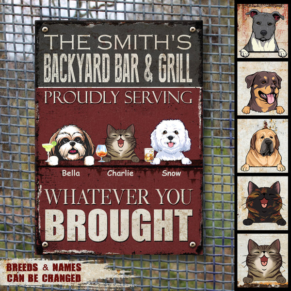 Pawzity Welcome Backyard Bar & Grill Sign, Gifts For Pet Lovers, Proudly Serving Whatever You Bring, Retro Metal Signs