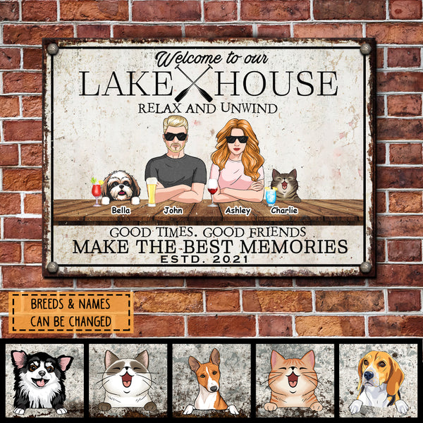 Pawzity Metal Lake House Sign, Gifts For Pet Lovers, Here At The Lake We Don't Hide Crazy Personalized Family Sign