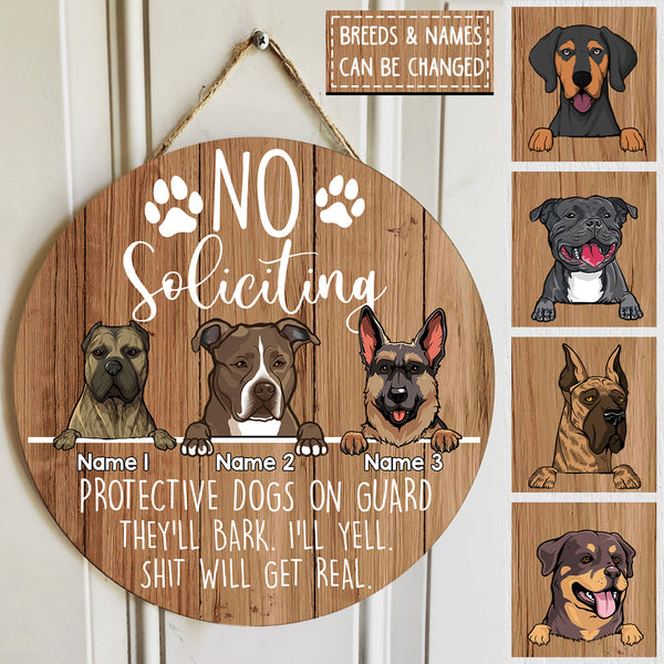 Pawzity Custom Wooden Sign, Gifts For Dog Lovers, No Soliciting Protective Dogs On Guard They'll Bark Warning Sign