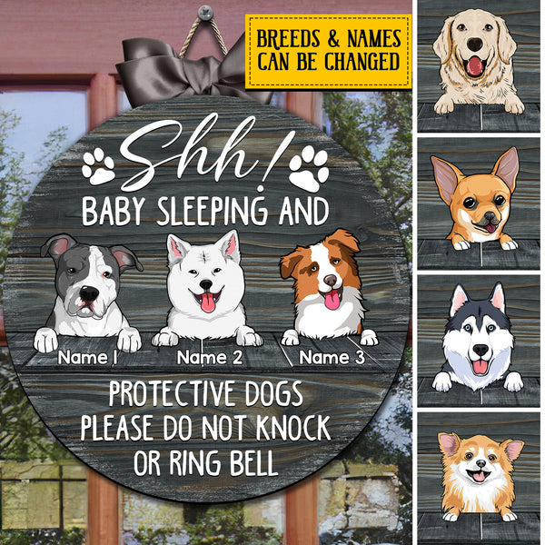 Pawzity Custom Wooden Sign, Gifts For Dog Lovers, Shh Sleeping Baby And Protective Dogs Please Do Not Knock