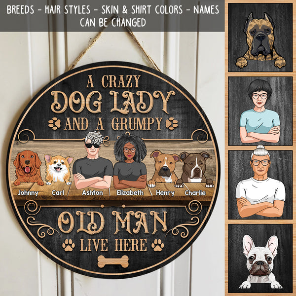 Pawzity Custom Wooden Signs, Gifts For Dog Lovers, A Crazy Dog Lady And A Grumpy Old Man Live Here Vintage Signs