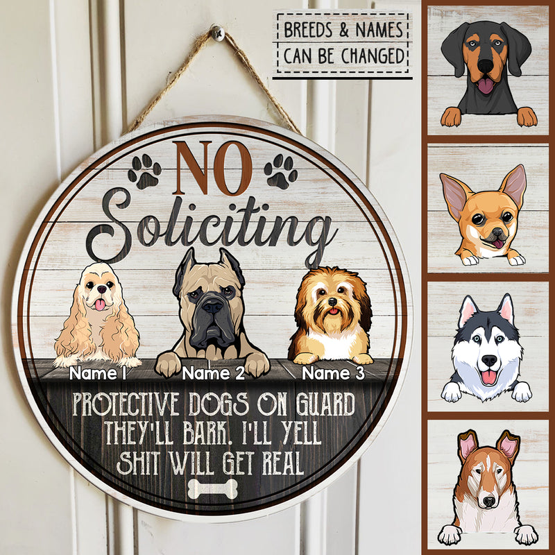 Pawzity Custom Wooden Signs, Gifts For Dog Lovers, No Soliciting Protective Dogs On Guard Retro Signs