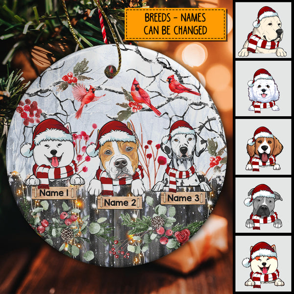 Personalised Winter Cardinals & Berries Circle Ceramic Ornament - Personalized Dog Lovers Decorative Christmas Ornament