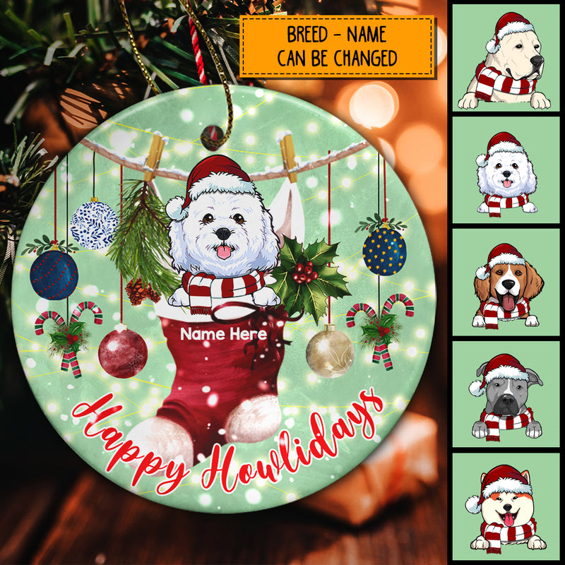 Happy Howlidays Stocking Sparkle Green Circle Ceramic Ornament - Personalized Dog Lovers Decorative Christmas Ornament