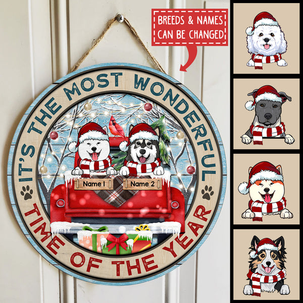 It's Most Wonderful Time Of The Year Red Truck Circle Ceramic Ornament - Personalized Dog Decorative Christmas Ornament