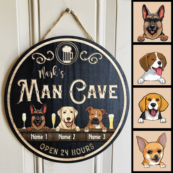 Man Cave Open 24 Hours, Black Background, Funny Gift For Dog Lovers, Personalized Dog Door Sign , Dog Mom Gifts