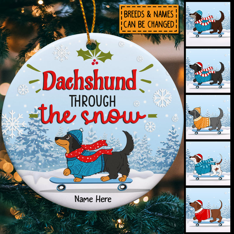Dachshund Through The Snow Bluetone Circle Ceramic Ornament - Personalized Dog Lovers Decorative Christmas Ornament