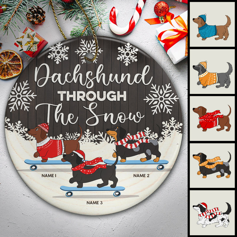Dachshund Through The Snow Brown Wooden Circle Ceramic Ornament - Personalized Dog Lovers Decorative Christmas Ornament