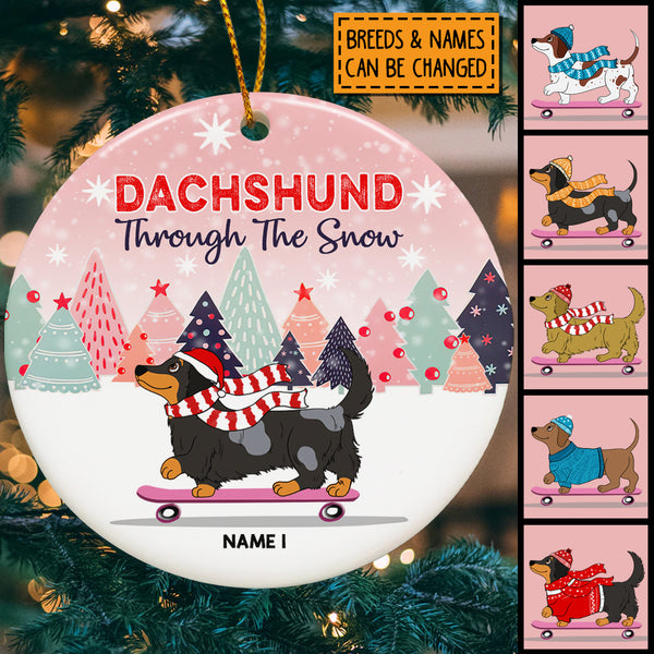 Dachshund Through The Snow Pinktone Circle Ceramic Ornament - Personalized Dog Lovers Decorative Christmas Ornament