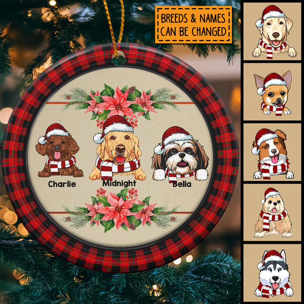 Dogs On Pale Wooden Red Plaid Around Circle Ceramic Ornament - Personalized Dog Lovers Decorative Christmas Ornament