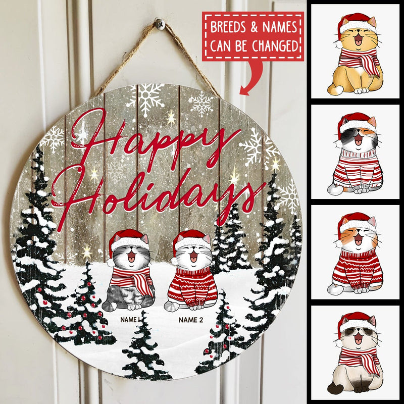 Christmas Door Decorations, Gifts For Cat Lovers, Happy Holidays Snowy Pine Trees Welcome Door Signs , Cat Mom Gifts