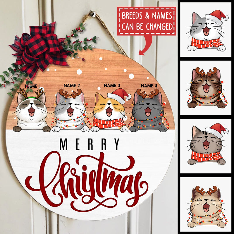 Christmas Cat Welcome Door Sign, Gift For Cat Lovers, Light Brown & White, Personalized Housewarming Gifts , Cat Mom Gifts