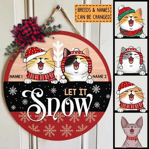 Christmas Door Decorations, Gifts For Cat Lovers, Let It Snow Red & Black Background Welcome Door Signs , Cat Mom Gifts