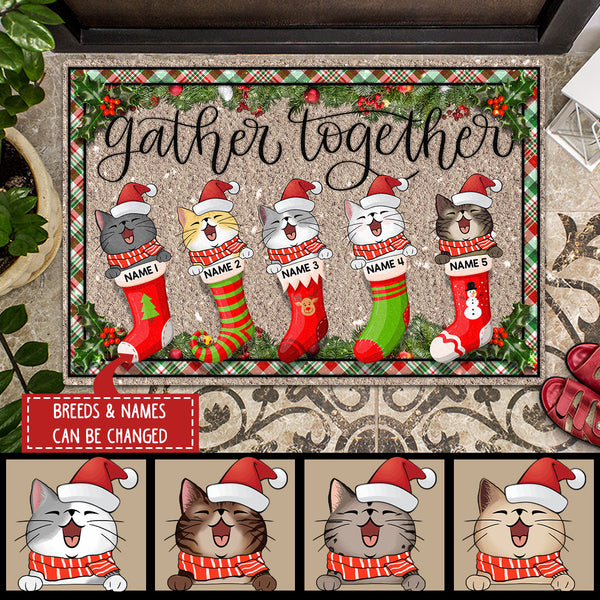 Christmas Custom Doormat, Gifts For Cat Lovers, Gather Together Cat In Christmas Stocking Holiday Doormat