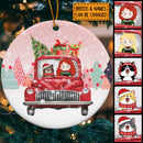Personalised Girl & Cat On Red Truck Circle Ceramic Ornament - Personalized Cat Lovers Decorative Christmas Ornament