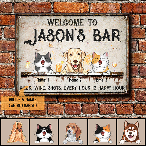 Pawzity Metal Bar Sign, Gifts For Pet Lovers, Beer Wine Shots Every Hour Is Happy Hour Family Name Sign
