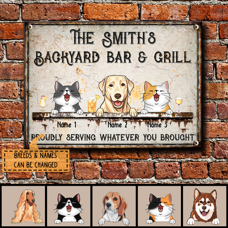 Pawzity Metal Backyard Bar & Grill Sign, Gifts For Pet Lovers, Proudly Serving Whatever You Brought Family Name Sign