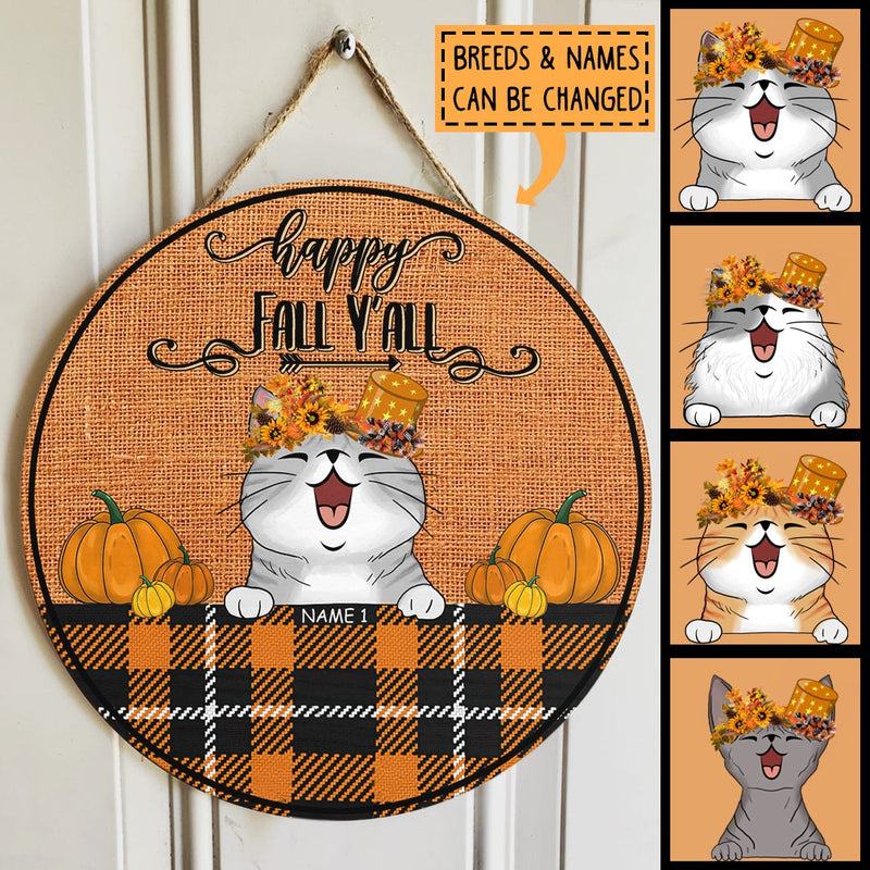 Pawzity Happy Fall Y'all Sign, Gifts For Cat Lovers, Orange Plaid Custom Wooden Signs , Cat Mom Gifts