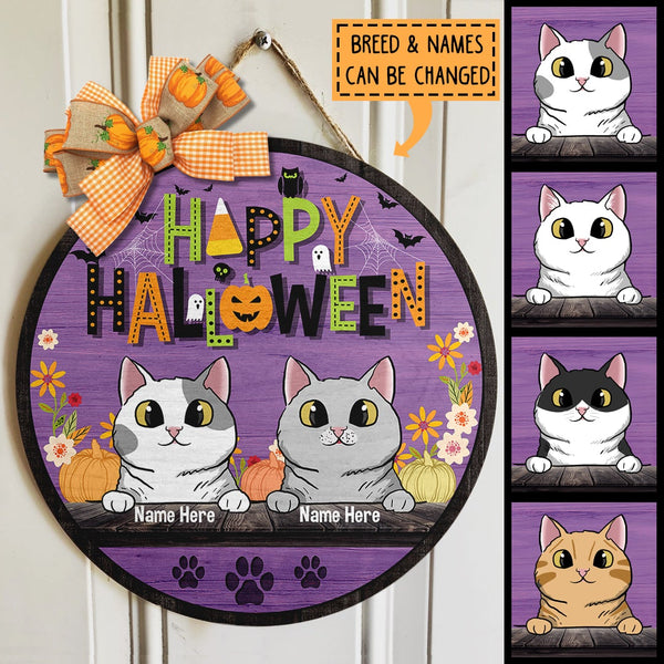 Halloween Welcome Sign, Happy Halloween Gifts For Cat Lovers, Flowers And Bats Custom Wooden Signs , Cat Mom Gifts
