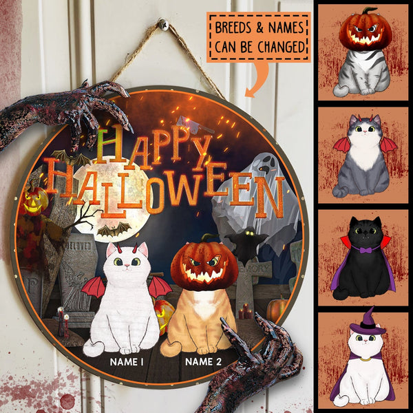 Halloween Custom Wooden Signs, Halloween Decorations For Cat Lovers, Ghost With Full Moon Welcome Signs , Cat Mom Gifts