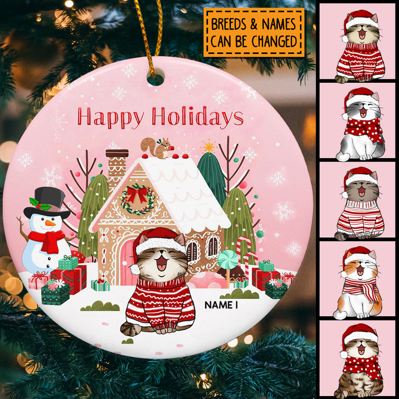 Happy Holidays Candy House Pink Circle Ceramic Ornament - Personalized Cat Lovers Decorative Christmas Ornament