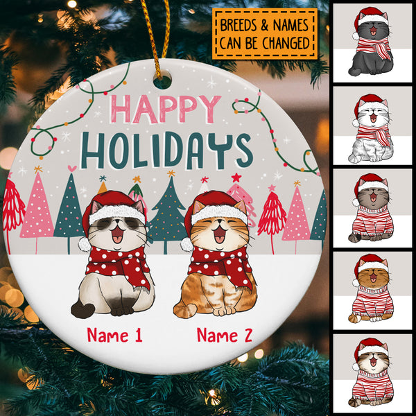 Happy Holidays Pastel Pink Tent & Gifts Circle Ceramic Ornament - Personalized Cat Lovers Decorative Christmas Ornament