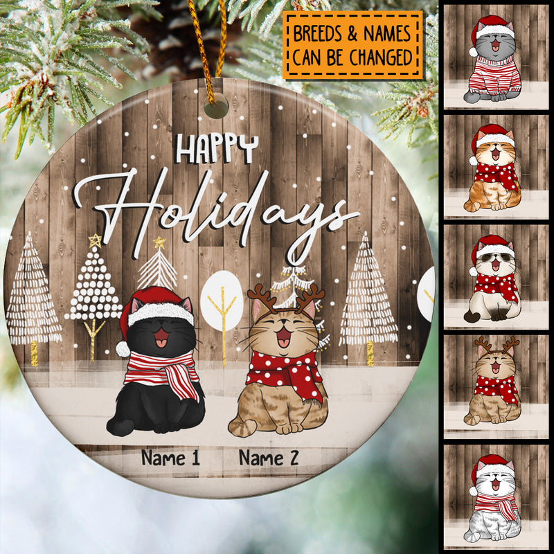 Happy Holidays Old Brown Wooden Circle Ceramic Ornament - Personalized Cat Lovers Decorative Christmas Ornament